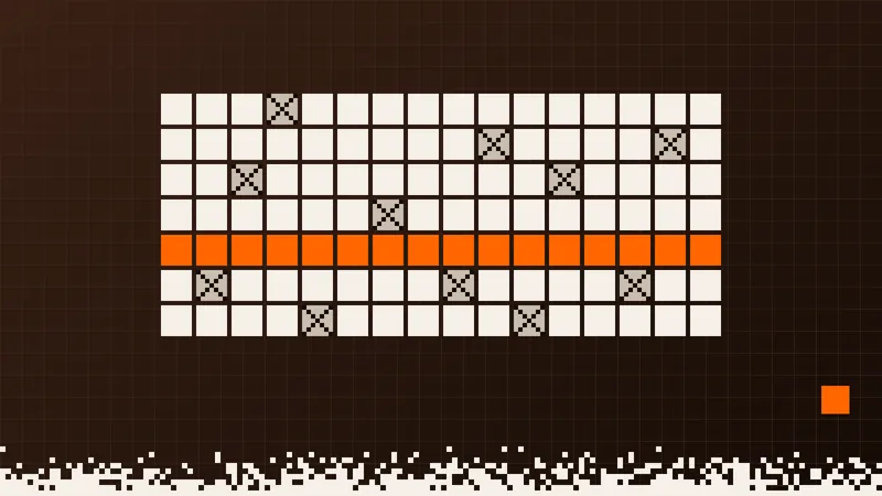 Pixelová ilustrace mřížky produktů, kde jsou některé dlaždice přeškrtnuté a jedna celá řada je oranžová.