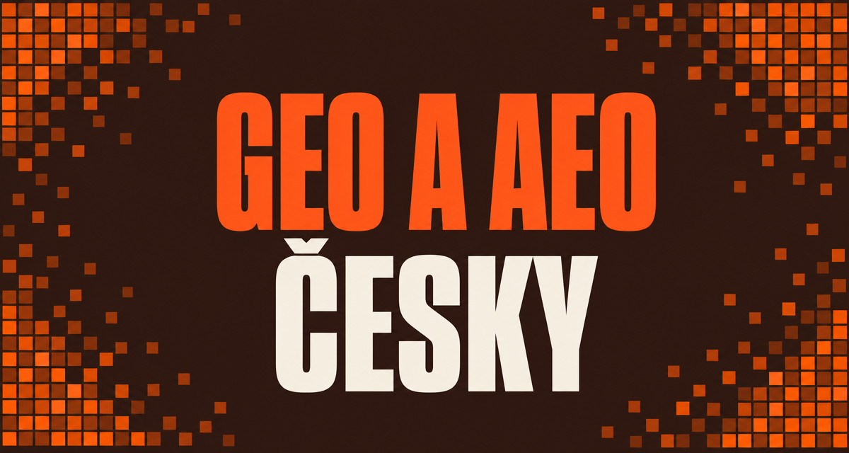 Grafický cover článku GEO a AEO česky s pixelovým motivem v oranžových a hnědých tónech